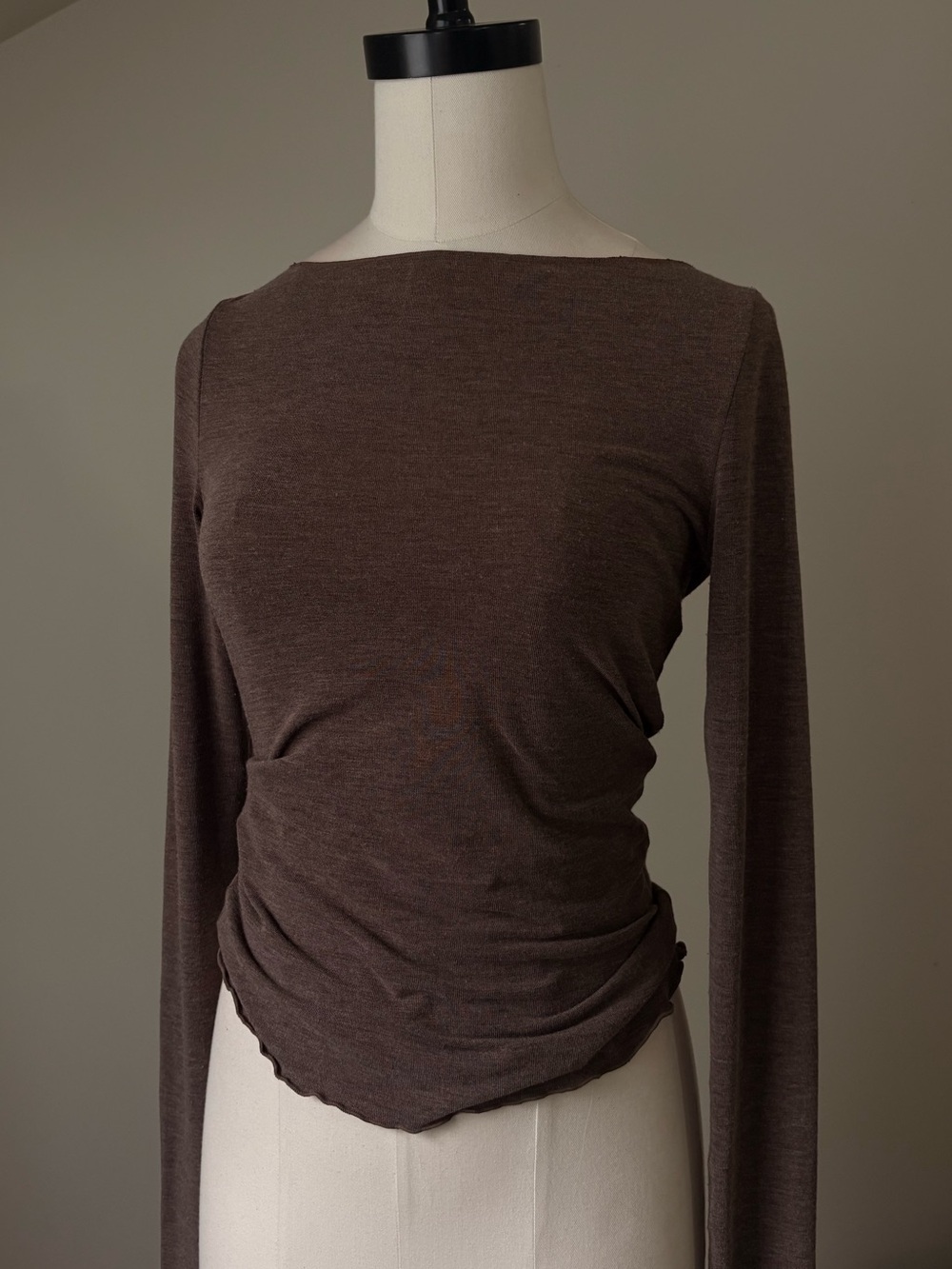 Brown Lettuce Hem Boat Neck LS